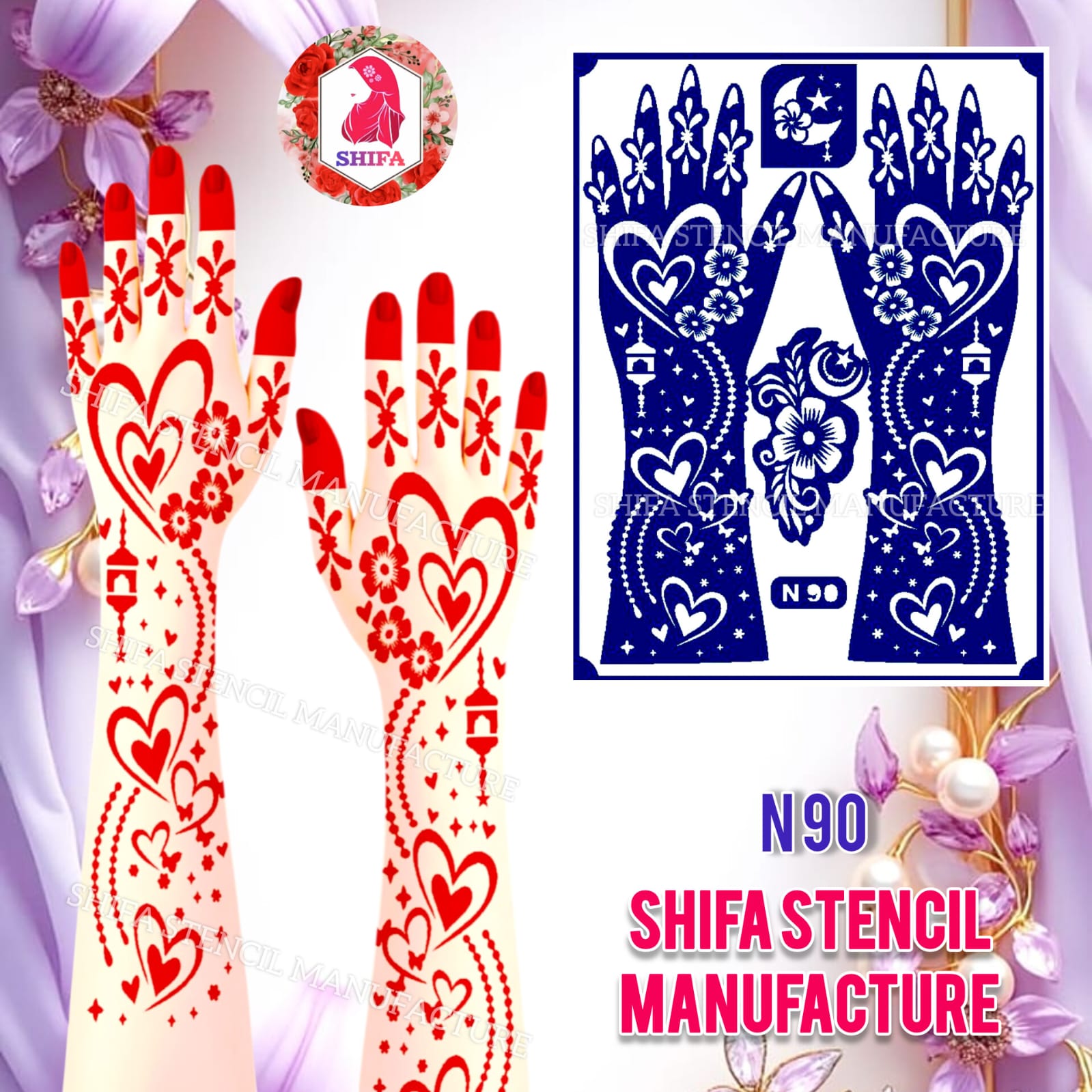 N 90 Celestial Hearts Henna Stencil Sticker Overview Henna Stencil - Shifa Stencil